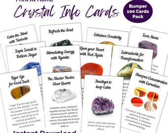 Printable Crystal Gemstone Information Cards. Print at home flashcards PDF A4 download. Insert card, properties, meaning and uses.