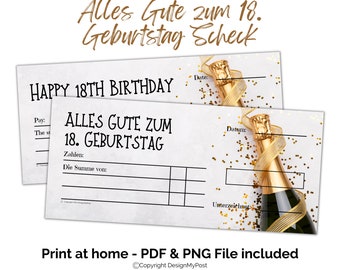 18. Blankoscheck weiß, Scheck zum Geburtstag Birthday Cheque in German. Blank cheque template Print at home money present. Digital Download.