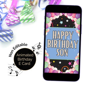 Carte électronique d'anniversaire de fils animée avec du son, mélodie de joyeux anniversaire. Carte numérique Vidéo de voeux virtuelle pour enfant. E Carte de voeux en bleu.