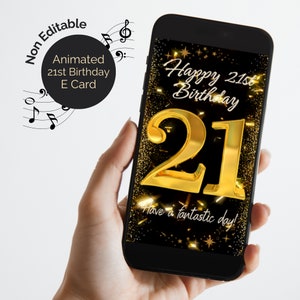 E-card voor 21e verjaardag, geanimeerd met geluid, Happy Birthday-deuntje. Videowenskaart. Digitale elektronische e-card. Niet bewerkbaar.