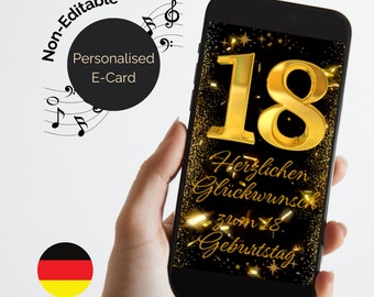 Alles Gute zum 18. Geburtstag als E-Card. Schwarz und Gold. Digital Birthday eCard in German. Animated with audio. Video Birthday card.