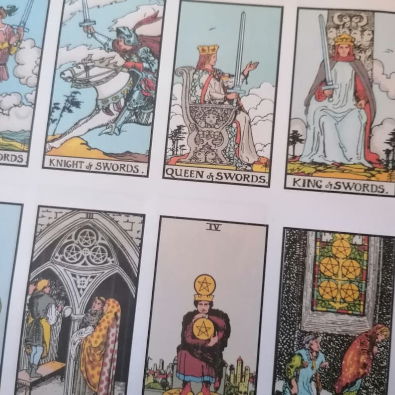 Close-up view of a tarot card spread featuring the Knight, Queen, and King of Swords, along with other cards including the Four of Pentacles. The cards are illustrated in a vintage style with detailed imagery and text labels such as 'Knight of Swords', 'Queen of Swords', and 'King of Swords'.  The color palette is predominantly muted with blues, greens, and gold accents. The cards are neatly arranged on a white background.