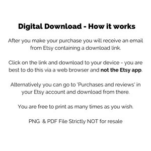 May include: Text explaining how to download a digital purchase from Etsy. It says to download the file from an email link or from the Purchases and Reviews section of your Etsy account. It also says that the file is for personal use only and not for resale.