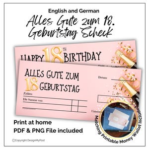18 Scheck zum Geburtstag, Blankoscheck Rosa. Birthday Cheque in German and English. Blank cheque template. image 1
