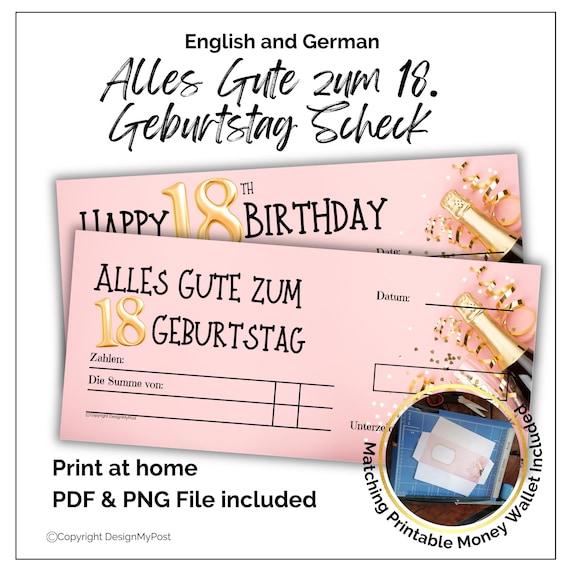 18 Scheck zum Geburtstag, Blankoscheck Rosa. Birthday Cheque in German and English. Blank cheque template.