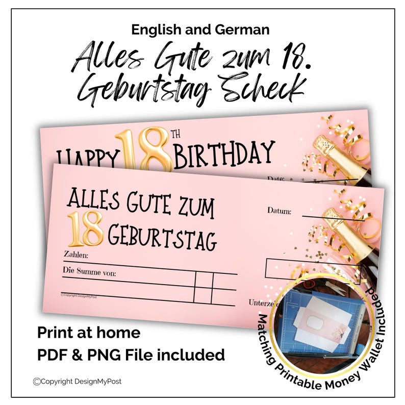 18 Scheck zum Geburtstag, Blankoscheck Rosa. Birthday Cheque in German and English. Blank cheque template. image 1
