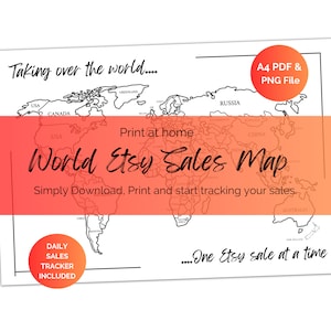 Carte imprimable des ventes dans le monde. Suivi Etsy. Impression A4 à la maison. Coloriez. Suivez vos commandes. Fichier PDF et fichier PNG. Noir et blanc, faible consommation d'encre.
