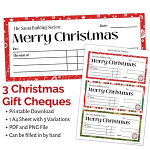 Feestelijke blanco kerstcheques, bankcheques. Downloadbare afdrukbare kerstcadeaucheque/-cheque. Leuk cadeau-idee voor kerstgeld.