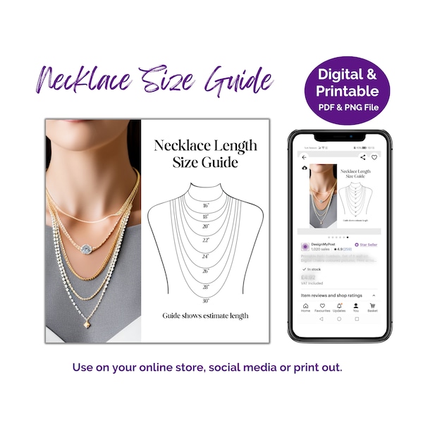Necklace length guide Printable Digital template Easy to use chain size measurement chart Add to your jewellery shop or print as info cards