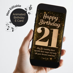 Vidéo animée de la carte électronique du 21e anniversaire avec la mélodie instrumentale Happy Birthday. Carte de voeux numérique au dos et doré. Non modifiable.