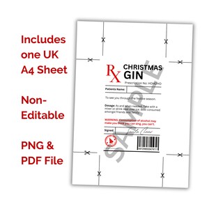 May include: A printable Christmas-themed prescription for "Christmas Gin" with the prescription number "HOHOHO". The prescription is signed by "Santa Claus" and includes a warning that "Consumption of alcohol may make you think you can sing, you can't."