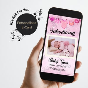 Digitale kaart geboortekaartje nieuwe baby meisje of jongen met foto. Geanimeerde mp4-video + geluid. In roze of blauw. Stuur een WhatsApp-bericht per e-mail.