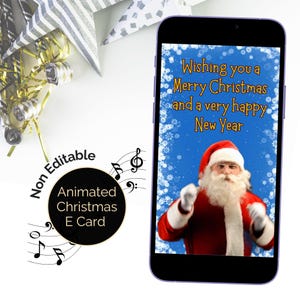 Digitale kerstvideo-eCard met dansende kerstman. Kerstwenskaart geanimeerd met geluid voor e-mail, sms en WhatsApp. Leuke virtuele kerstkaart