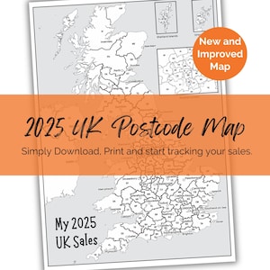 Carte des codes postaux de vente au Royaume-Uni pour 2025. Suivi des ventes quotidiennes Etsy imprimable. Impression A4 à la maison. Couleur sur la carte. Suivez vos commandes. Fichier PDF et PNG.