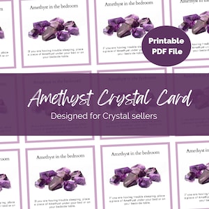Printable Amethyst Crystal info card for Crystal Sellers & Jewellery makers A4 UK PDF file Packing Inserts, Gemstone Properties meanings