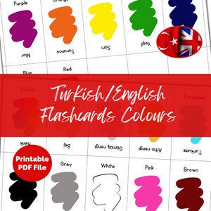 Learn Turkish Colours. Printable flashcards in English and Turkish. Language teaching resources.