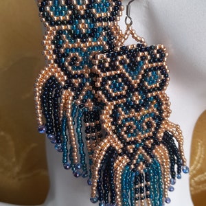 Owl beaded earrings, gold and blue earrings,  fringe earrings