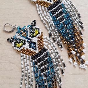 Owl beaded earrings, fringe long earrings
