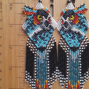 Long owl earrings, fringe beaded earrings
