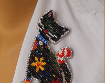 Beaded cat brooch, black cat brooch, cat with flowers