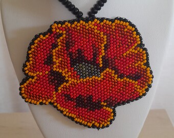 Red Poppy Pendant Necklace: Beaded Czech Glass Flower