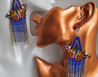 Butterfly beaded errings, gradient beaded earrings, long fringle earrings