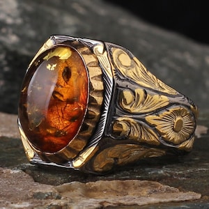 Amber Ring for Men, Sterling Silver Husband Gift Amber Ring, Mens Gemstone Ring, Man Silver Engraved Ring,Men Silver Gift,Unique Man Ring