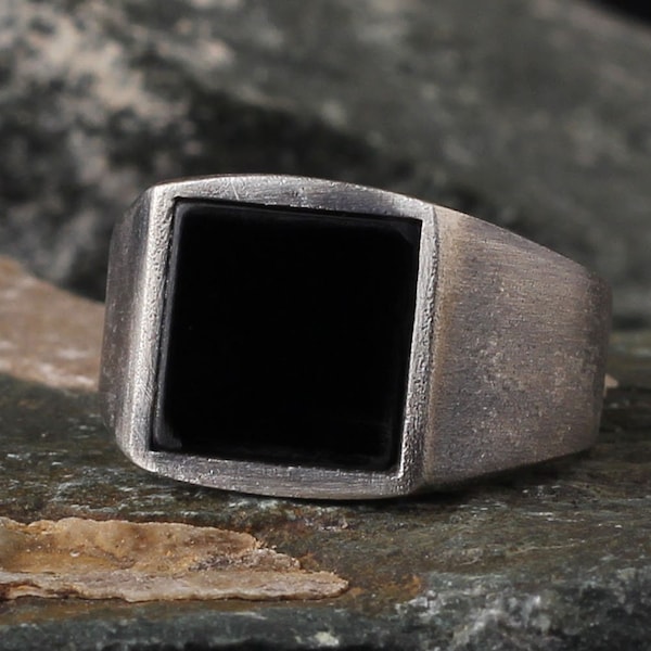 Black Onyx Ring, Sterling Silver Black Square Onyx Ring, Mens Ring, Gemstone Ring, Man Silver Engraved Ring,Men Silver Gift,Silver Mens Ring