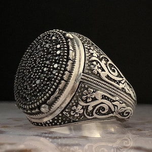 Black Zircon Gemstone Handmade Sterling Silver Man Ring, 925 Silver Turkish Handmade Mens Ring, Vintage Style Gift for Him.