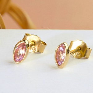 14k Gold Stud Earrings, Pink Tourmaline Earrings, Real Gold Earrings, Statement Earrings, Unique Stud Earrings,Handmade Jewelry Earrings