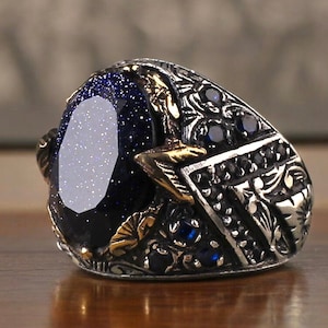 Blue Sandstone Ring, Gemstone Handmade Father Ring, Unique Gemstone Ring, Man Ring, Mens Signet Ring,Husband Gift Rings