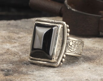 Sterling Silver Black Onyx Ring, Sterling Silver Ring Man, Signet Ring,Black Onyx Ring, Hollywood  Silver Ring, Man Gifts