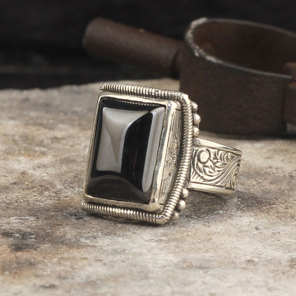 Sterling Silver Black Onyx Ring, Sterling Silver Ring Man, Signet Ring,Black Onyx Ring, Hollywood  Silver Ring, Man Gifts