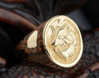 10K Yellow Gold Wolf Signet Mens Ring, Pure Gold Wolf Pinky Men Minimalist Rings ,Promise Ring, Oval Signet Pinky Gold Ring For Men