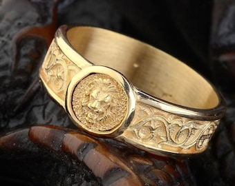 Anillo de león de oro de 10 quilates, anillo de compromiso de plata de ley, anillo de hombre hecho a mano, anillo para el meñique, anillo con sello, regalo conmemorativo para él.