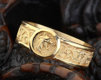 Anillo de sello de lobo en oro macizo, anillo de compromiso con motivos de lirio en oro de 10 quilates, anillo para el meñique, anillo minimalista con sello de cabeza de lobo, regalo conmemorativo para él