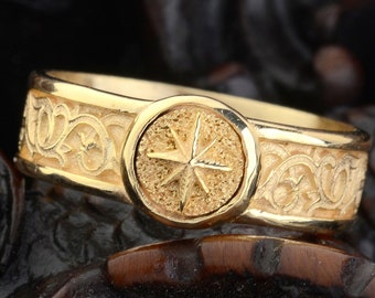 Anillo de compromiso de oro macizo de 10 k con estrella del norte, anillo de oro auténtico hecho a mano, anillo cristiano para hombre, anillo con sello para hombre, anillo de la Santa Cruz