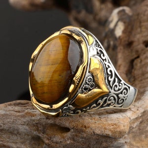 Tigers Eye Mens Rings ,Sterling Silver Ring for Men, 925 Silver Handmade Ring For Man , Oxidized Jewelry Birthday Gift for Him