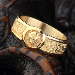 Solid Gold Bear Signet Ring, 10k Gold Lily Motifs Enggement Ring, Pinky Ring, Bear Head Signet Mİnimalist Ring, Memorial Gift for Him