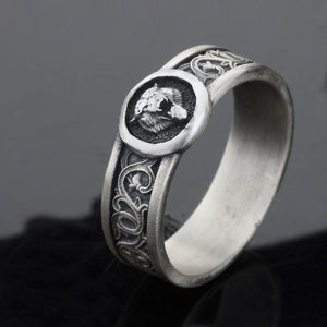 Tiger Band Ring, Sterling Silver Handmade Mens Ring, Gothic Pinky Ring, Tiger Head Signet Mens Ring, Memorial Gift for Him
