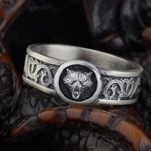 Fuchs Kopf Band Ring, Sterling Silber Lilie Motive Herrenring, Gothic Pinky Ring, Fuchs Siegelring Herren, Gedenkgeschenk für Ihn