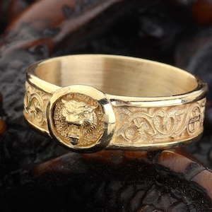 10k Gold Tiger Weddig Ring, Solid Gold Engagement Ring, Lily & Cross Motifs Ring, Tiger Head Signet Mens Ring, Memorial Gift for Husband