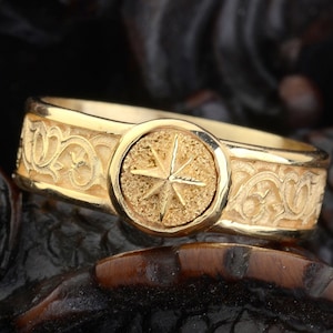 10k Solid Gold North Star Engagement Ring, Handmade Real Gold Band Ring, Christian Mens Ring, Signet Mens Ring, Holy Cross Ring