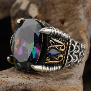 Celtic Knot Mystical Topaz Gemstone Mens Ring, Sterling Silver Mens Wedding Ring, Retro Ring for Men,His Personal Ring,Birthday Gift For Him
