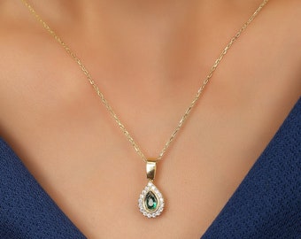 14k Gold Emerald Minimalist Necklace,Gold Necklace For Women, Drop Emerald Necklace, Pendant for Wife, Gifts for Her,Valentine's Day Gift