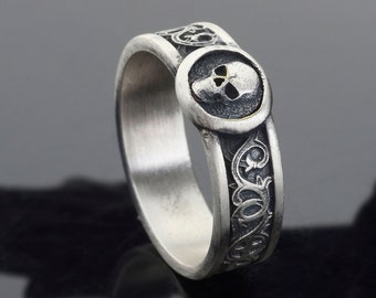 Skull Band Ring, Sterling Silver Handmade Mens Ring, Oksidized Signet Mens Ring, Memorial Gift for Him