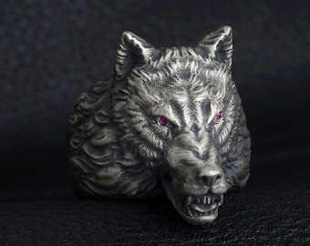 Handmade Sterling Silver Angry Wolf Ring: Oxidized Biker Jewelry