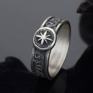 North Star Engagement Ring, Handmade Silver Band Ring, Christian Mens Ring, Oksidized Signet Mens Ring, Holy Cross Ring
