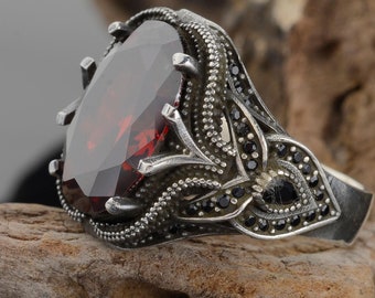 Sterling Silber Herren Rubin Ring, Geburtstagsgeschenk für Vater, Roter Zirkon Ring, 925 Silber handgefertigter Herrenring, Retro Ring, Geschenkring für ihn