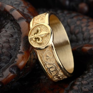 Bague de fiançailles fleur de lys en or massif 10 carats, bague de mariage minimaliste en or jaune, petit doigt, chevalière faite main Lys